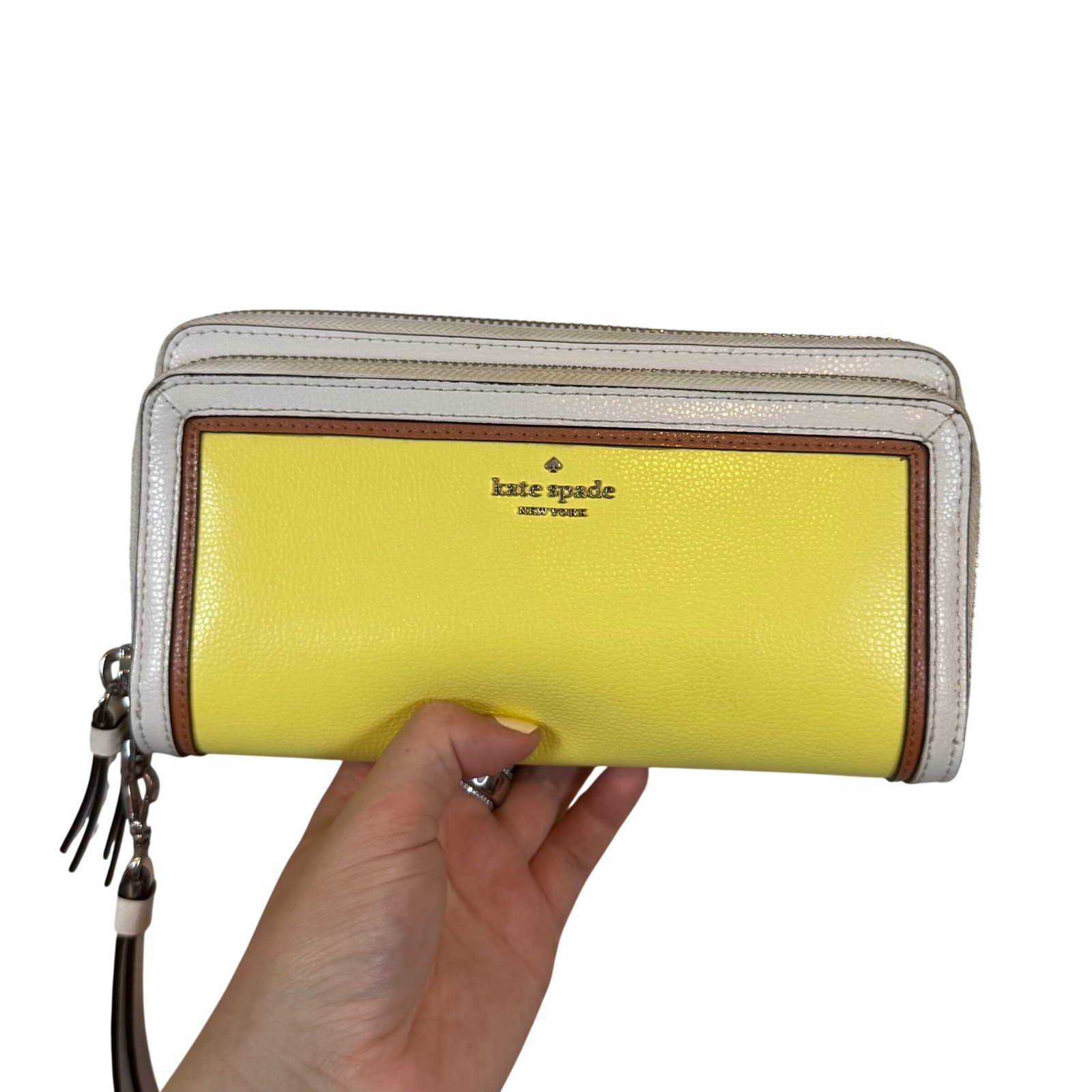 Kate Spade New York Colorblock Double Zip Wristlet Wallet Yellow White Leather